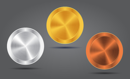 Metal button icons. Gold button medal. Silver button medal. Bronze button medal.のイラスト素材