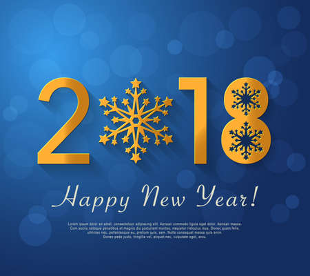 Happy New Year 2018 design. Vector blue greeting illustration with golden snowflakeのイラスト素材
