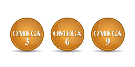 Vitamin Omega Three, Six And Nine Icons set. Omega 3, Omega 6, Omega 9. Pill capsule, Vector illustration.のイラスト素材