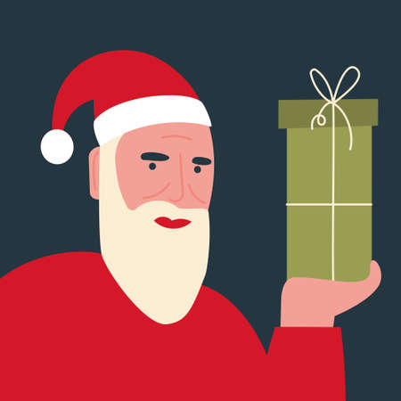 An elderly man wearing a red Santa hat and holding a gift in his hand. Christmas or New Year's card. Vector flat illustrationのイラスト素材