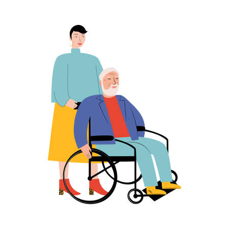 Social worker walking with an elderly man in a wheelchair. A person with disabilities. Vector flat illustration on a white backgroundのイラスト素材