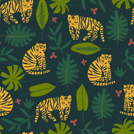 Colorful cartoon pattern with tigers for fabric, textile, print, wrapper, apparel, nursery decoration, wallpaper, surface design. Seamless vector flat background with jungle animalsのイラスト素材
