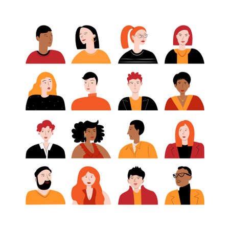 Set of avatars with different women and men. Heads of various people. Flat colorful vector illustrationのイラスト素材