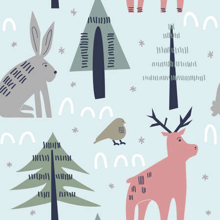 Simple seamless pattern with forest animals in flat style. Winter vector illustration for wallpaper, scrapbooking, fabric, textile designのイラスト素材