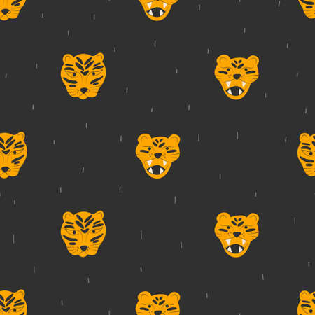 Seamless pattern with a muzzle of a snarling tiger on dark background. Vector flat endless illustration for fabric, textile, print, wrapper, apparel, nursery decoration, wallpaper, surface designのイラスト素材