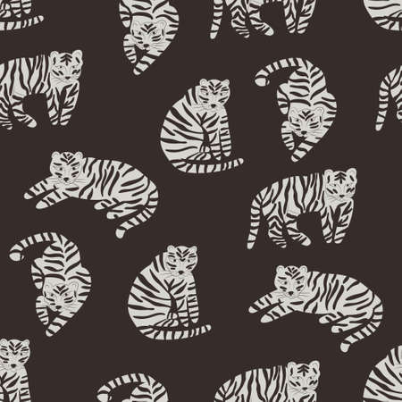 Monochrome cartoon pattern with tigers for fabric, textile, print, wrapper, apparel, nursery decoration, wallpaper, surface design. Seamless vector flat background with animalsのイラスト素材