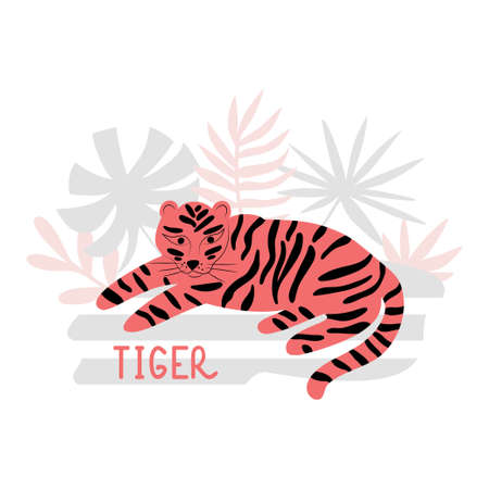 Lying tiger in flat style. A wild animal of the jungle. Cartoon vector illustrationのイラスト素材