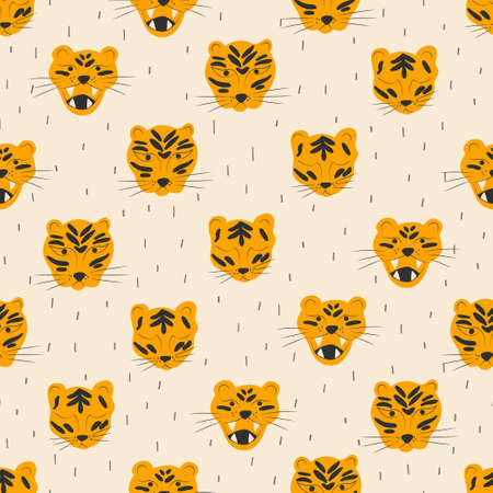 Seamless pattern with a muzzle of a tiger. Vector flat endless illustration for fabric, textile, print, wrapper, apparel, nursery decoration, wallpaper, surface designのイラスト素材
