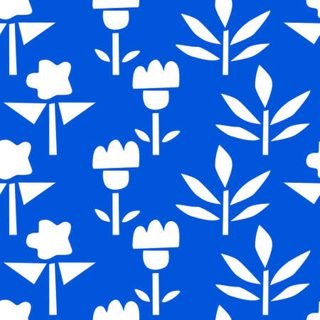 Simple pattern with white paper cut plants on blue background. Hand drawn geometric flat floral elements for wallpaper, wrapping paper, surface designのイラスト素材