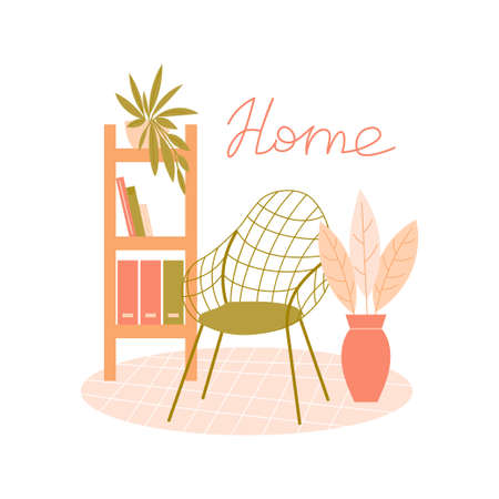 Vector flat illustration with a desk chair on a white background and home lettering sign. Modern interior items for room - chair, shelf with books and houseplantsのイラスト素材
