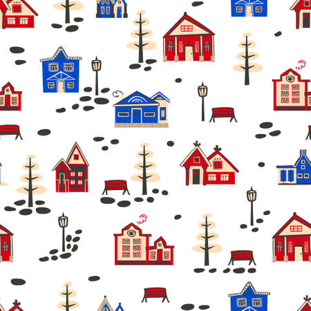 Seamless vector urban cartoon pattern with houses, trees, flashlights. Flat childish illustration with town on white backgroundのイラスト素材