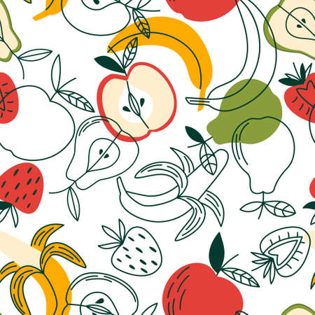 Colorful seamless pattern with fruits and berries. Vector flat illustration for wallpaper, fabric, surface designのイラスト素材