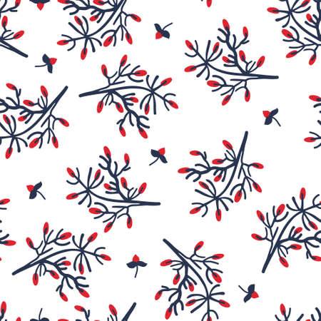 Simple flat seamless pattern with branches. Vector floral background with red berries on white backgroundのイラスト素材