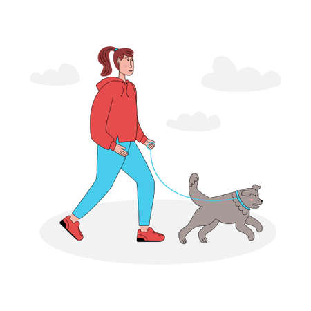 Young woman walking with her big dog on a leash. vector flat illustrationのイラスト素材