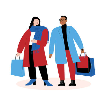 The young woman and a man standing in warm clothing and holding purchases. Flat colorful vector illustration on white backgroundのイラスト素材