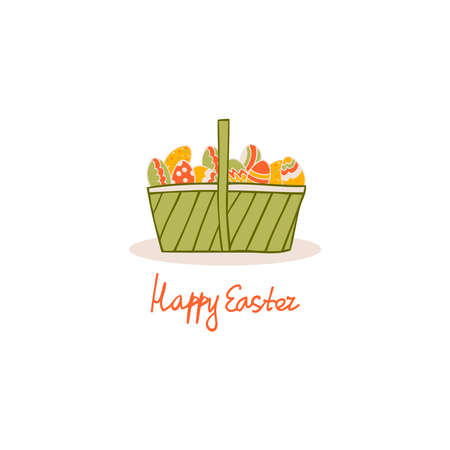Hand drawn basket with painted easter eggs. Template of greeting card in flat style. Happy Easter handwritten letteringのイラスト素材