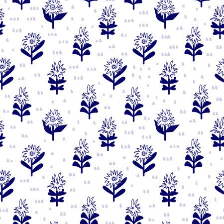 Seamless pattern with simple blue flat flowers. Vector floral background for fabric, textile, wrapper, wallpaper, surface designのイラスト素材