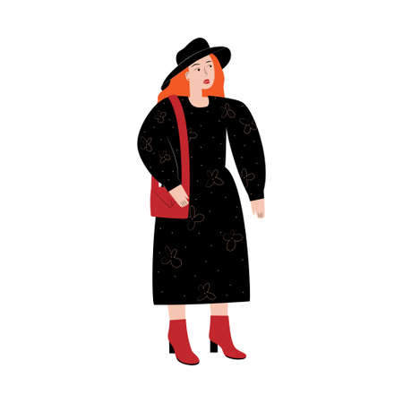 Young woman standing in casual clothes. Girl wearing a black dress and hat. Flat colorful vector illustration on white backgroundのイラスト素材