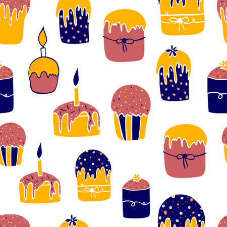 Seamless pattern with hand-drawn different Easter cakes. Endless background for wallpaper, wrapping paper, scrapbooking. vector illustrationのイラスト素材