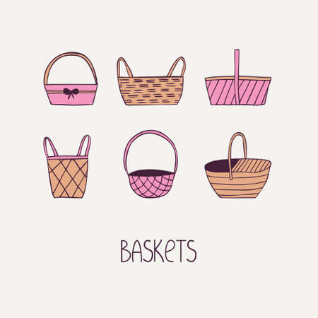 Set of different empty hand drawn baskets. Vector illustration with wicker bags in flat styleのイラスト素材