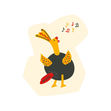 Bright singing rooster. Vector cartoon illustration with bird for design of cards, t-shirt printsのイラスト素材