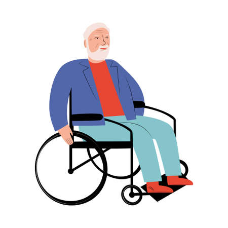 An elderly man in a wheelchair. A person with disabilities. Vector flat illustration on a white backgroundのイラスト素材
