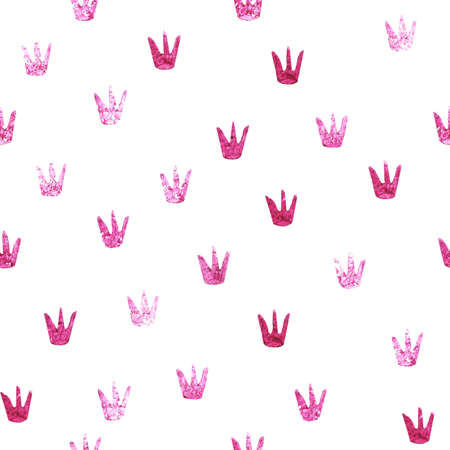 Watercolor seamless pattern with little pink crowns on white background. Hand painting illustration for fabric, textile, or wrapping. simple print for children clothesの写真素材