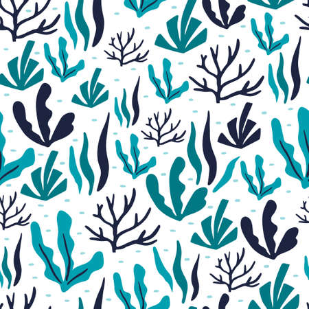 Seamless pattern with underwater plants for the surface design. Simple blue seaweed on white background. Vector flat endless illustrationのイラスト素材