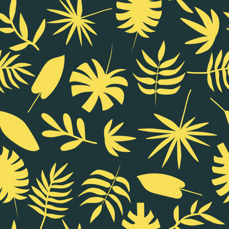 Seamless pattern with simple tropical leaves on a dark background. Vector flat illustration for surface designのイラスト素材