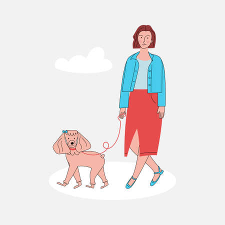 Young woman walking with her poodle on a leash. Girl and dog. vector flat illustrationのイラスト素材