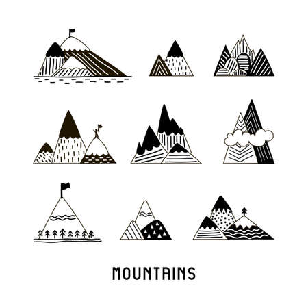 Set of mountains on white background. Black and white flat illustration with different hillsのイラスト素材