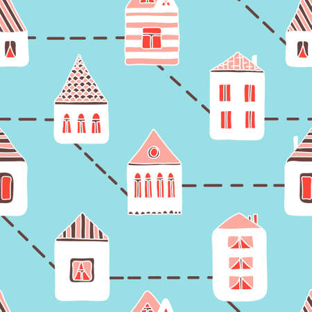 Hand drawn seamless pattern with houses. vector illustration. Simple print for wallpaper, wrapping paper, textile, surface designのイラスト素材
