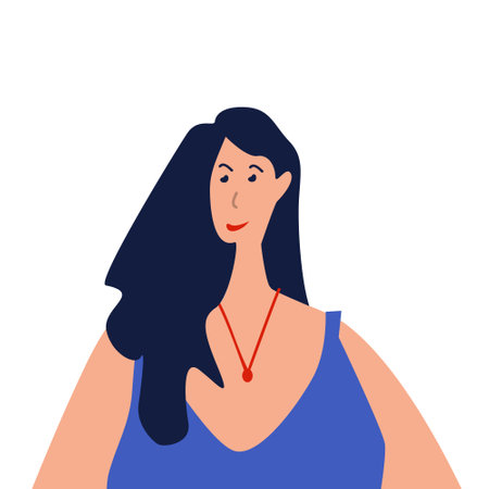 The face of a brunette girl on white background. Portrait of woman with long black hair. Vector flat illustration for social mediaのイラスト素材