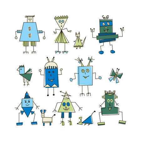 Set of hand drawn cute robots. Vector characters for baby textile, design cards and posters and surface designのイラスト素材
