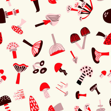 Seamless vector vintage pattern with different mushrooms. Childish cartoon endless illustration on beige backgroundのイラスト素材