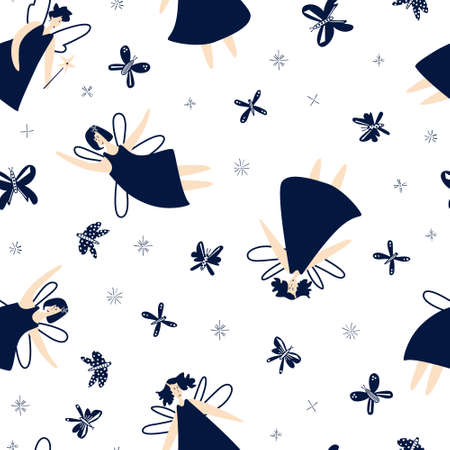 Seamless pattern with fairies and butterflies on white background. Simple childish vector flat illustration for wrapping, scrapbooking paper, and surface designのイラスト素材