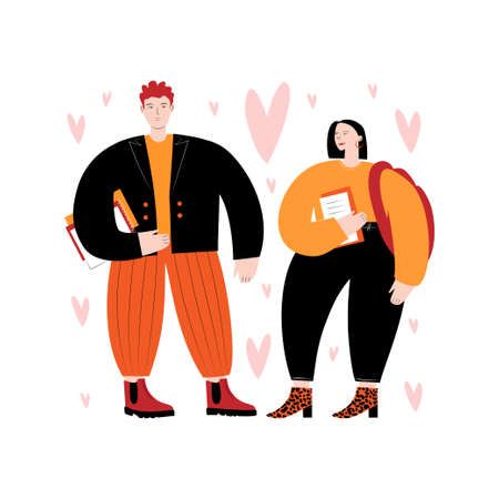 The young woman and man standing and communicating. Teenage love. Flat colorful vector illustration on white backgroundのイラスト素材
