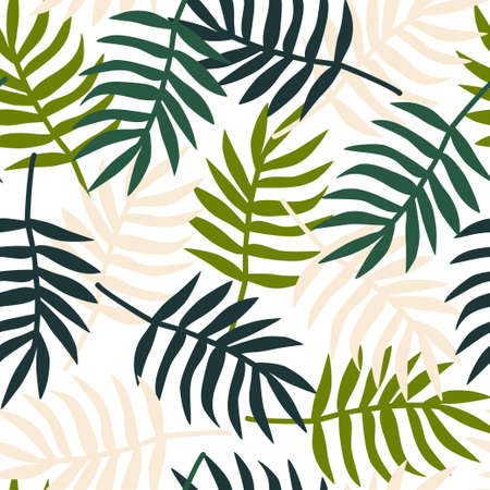Seamless pattern with simple tropical leaves on a white background. Vector flat illustration for fabric, textile, print, wrapper, surface designのイラスト素材