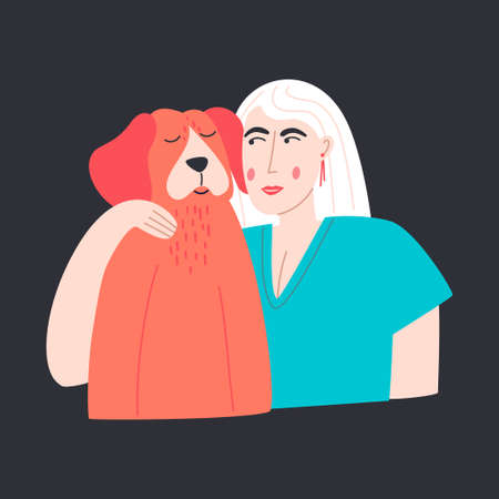 Portrait of a girl and her pet on a dark background. Vector flat illustration with the young woman hugging her dogのイラスト素材