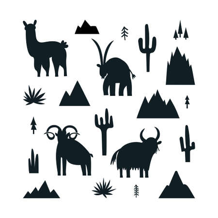 Silhouettes of mountain animals and plantsのイラスト素材