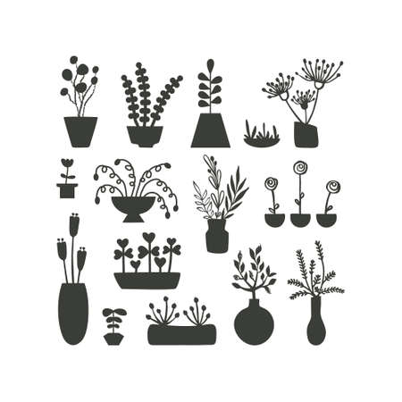 Set of different house plant. Vector silhouette of flowers in potsのイラスト素材