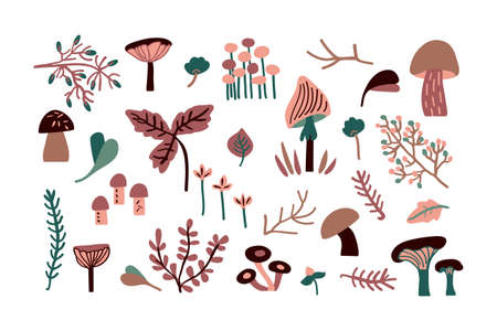 Autumn set of different forest elements. Vector childish illustration with mushrooms, branches, berries, plantsのイラスト素材