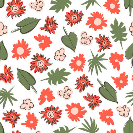 Seamless pattern with simple flowers and leaves. Vector flat floral illustration for wallpaper, fabric, design of textileのイラスト素材
