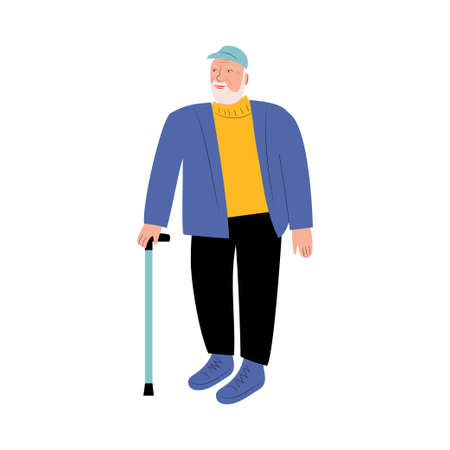 An elderly man holding a walking stick. Gray-haired grandfather. Flat colorful vector illustration on white backgroundのイラスト素材