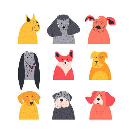 Set of dog muzzles in flat style. Childish vector illustration with cute puppies on white backgroundのイラスト素材