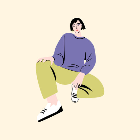Portrait of a young woman wearing casual clothes and sitting squat down. A fashion pose. vector flat illustrationのイラスト素材