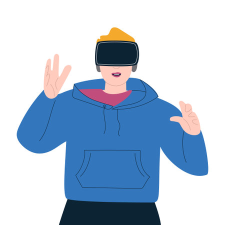 Portrait of a young man using virtual reality glasses. A person in a VR headset. Flat vector illustration on white backgroundのイラスト素材