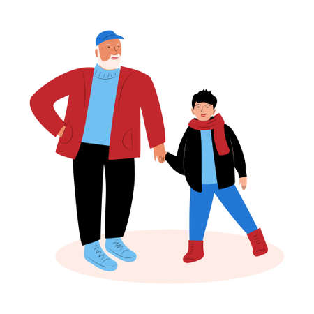 Grandfather with grandson in warm clothes. Old man holding the hand of the little boy. family. Flat colorful vector illustration on white backgroundのイラスト素材