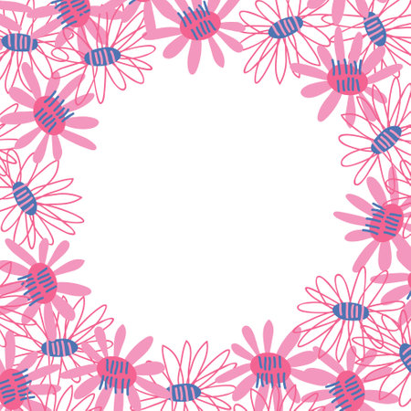 Simple vector frame with pink flowers on a white background. Floral shape template for the design of party invitations, birthday cardsのイラスト素材