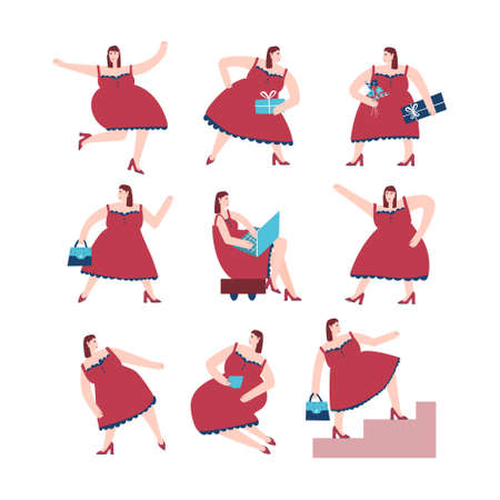 Set of cartoon women in different posesのイラスト素材